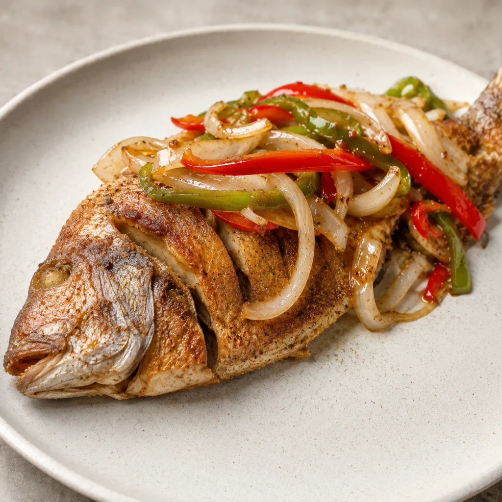 Fried fish with peppers and onions from A+G International Cuisine