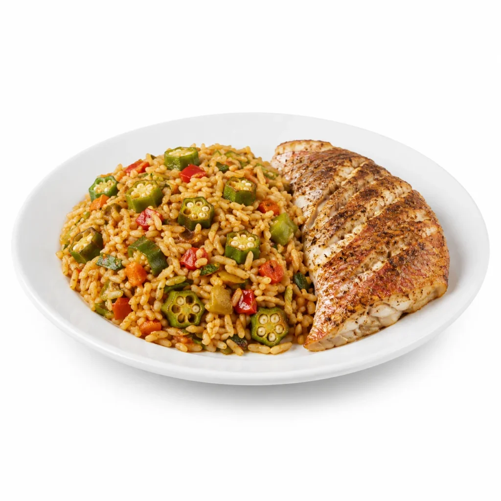 Okra rice with fish from A+G International Cuisine