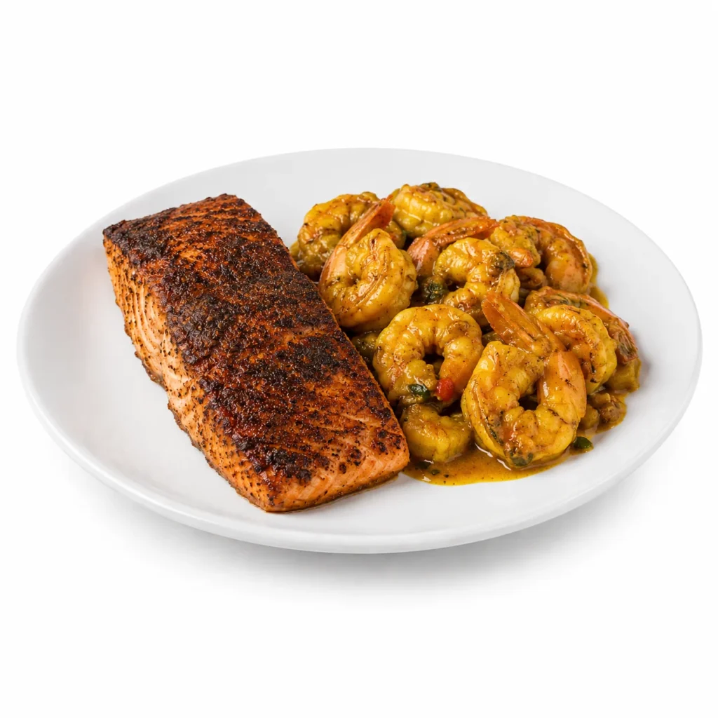 Blackened salmon with curry shrimp from A+G International Cuisine