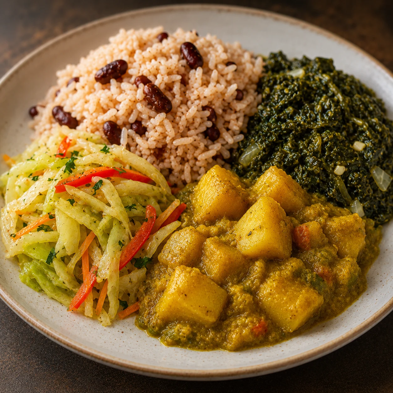 A composed Caribbean vegetable plate from A+G International Cuisine