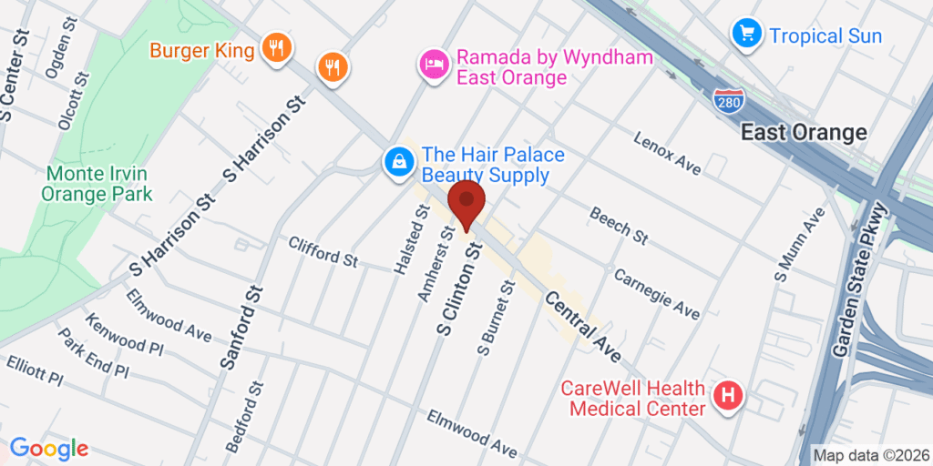 Map showing A+G International Cuisine LLC at 487 Central Ave, East Orange, NJ 07018